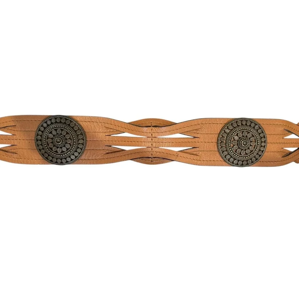 Chico's Brown Leather Concho Belt Boho Western Cowgirl Statement‎ Waist Belt